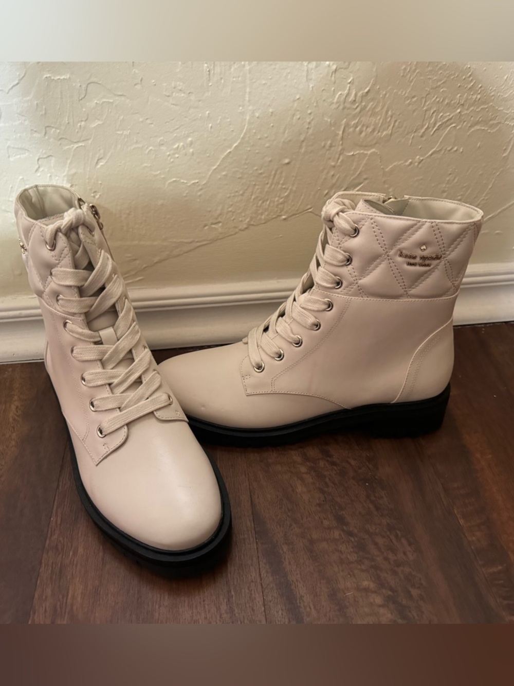 kate spade Cream Quilted Lace-Up Ankle Boots